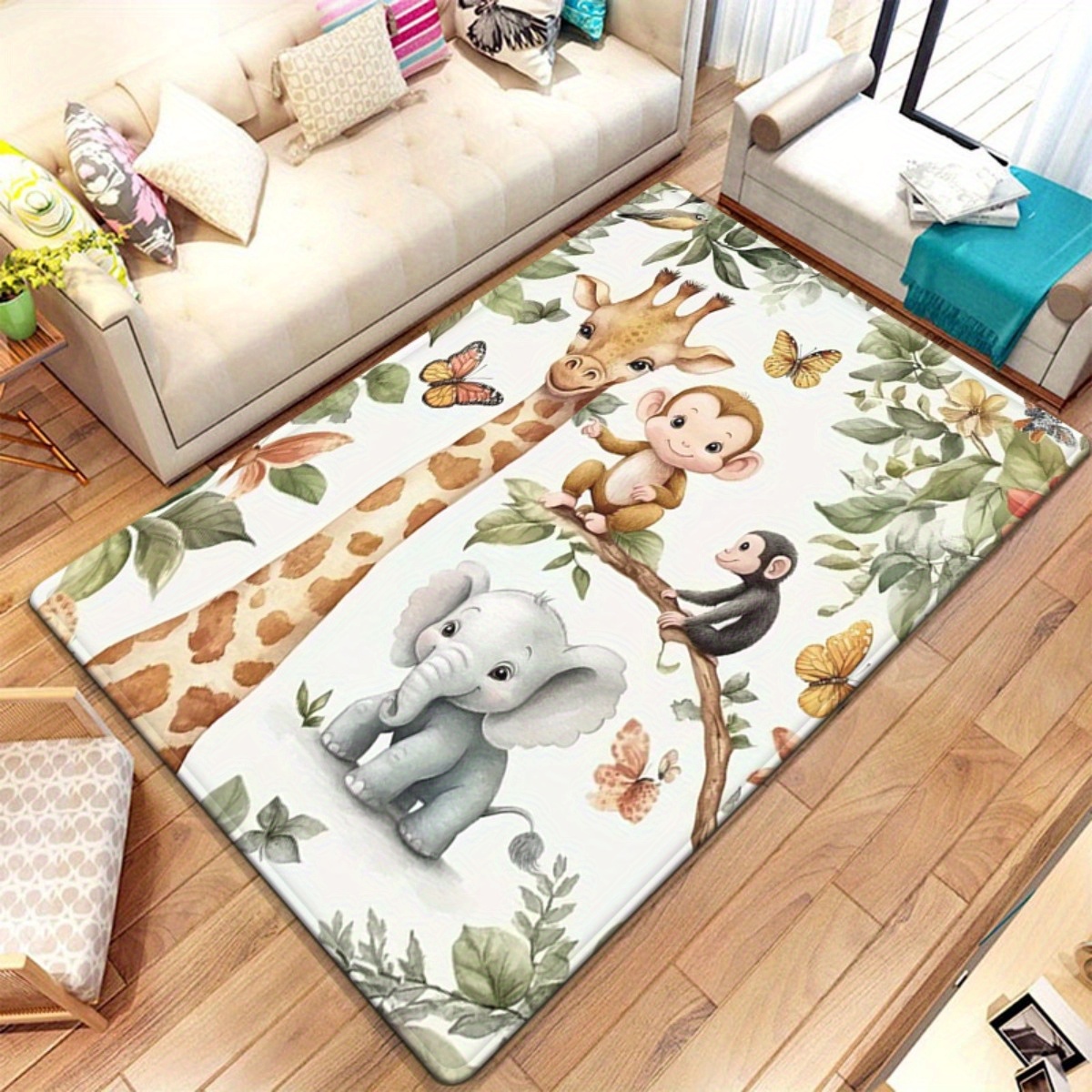 Baby Nursery Jungle Rug - سجادة أرضية بطباعة حيوانات الغابة بألوان