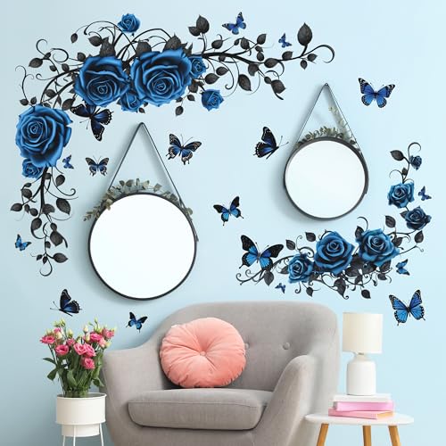 Baby Nursery Set Furniture - ملصقات جدارية زرقاء بتصميم الفراشات والورود
