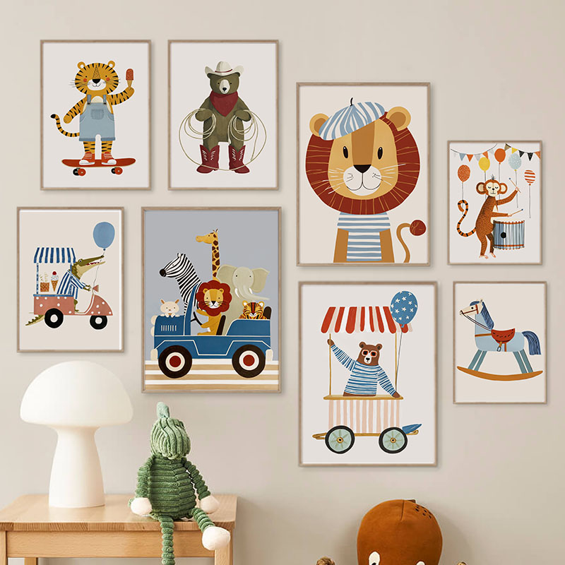 Baby Nursery Fabric - لوحات فنية كرتونية مضحكة لحيوانات وسيارات